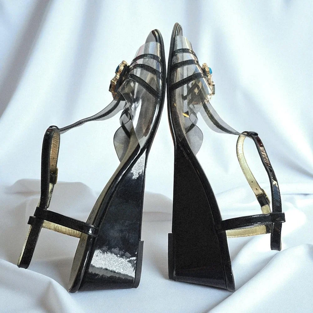 Azuree‎ Pour Heyraud Embellished Wedge Sandals Black Clear Strappy Woman Size 8